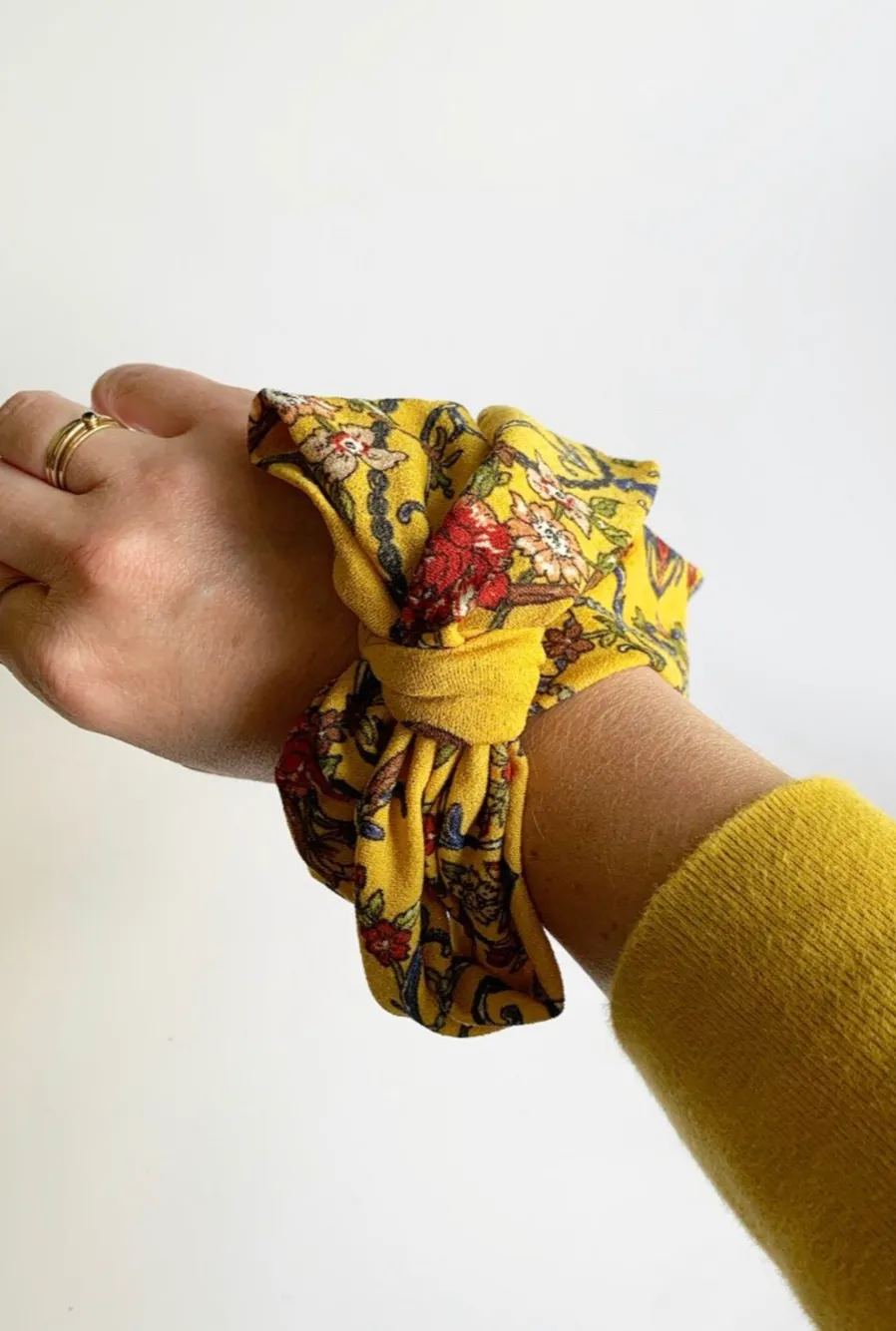 Honey Floral Medallion Scarf Scrunchie | Ponytail Scarf | Bow Scrunchie | Multi-Use | 3-in-1