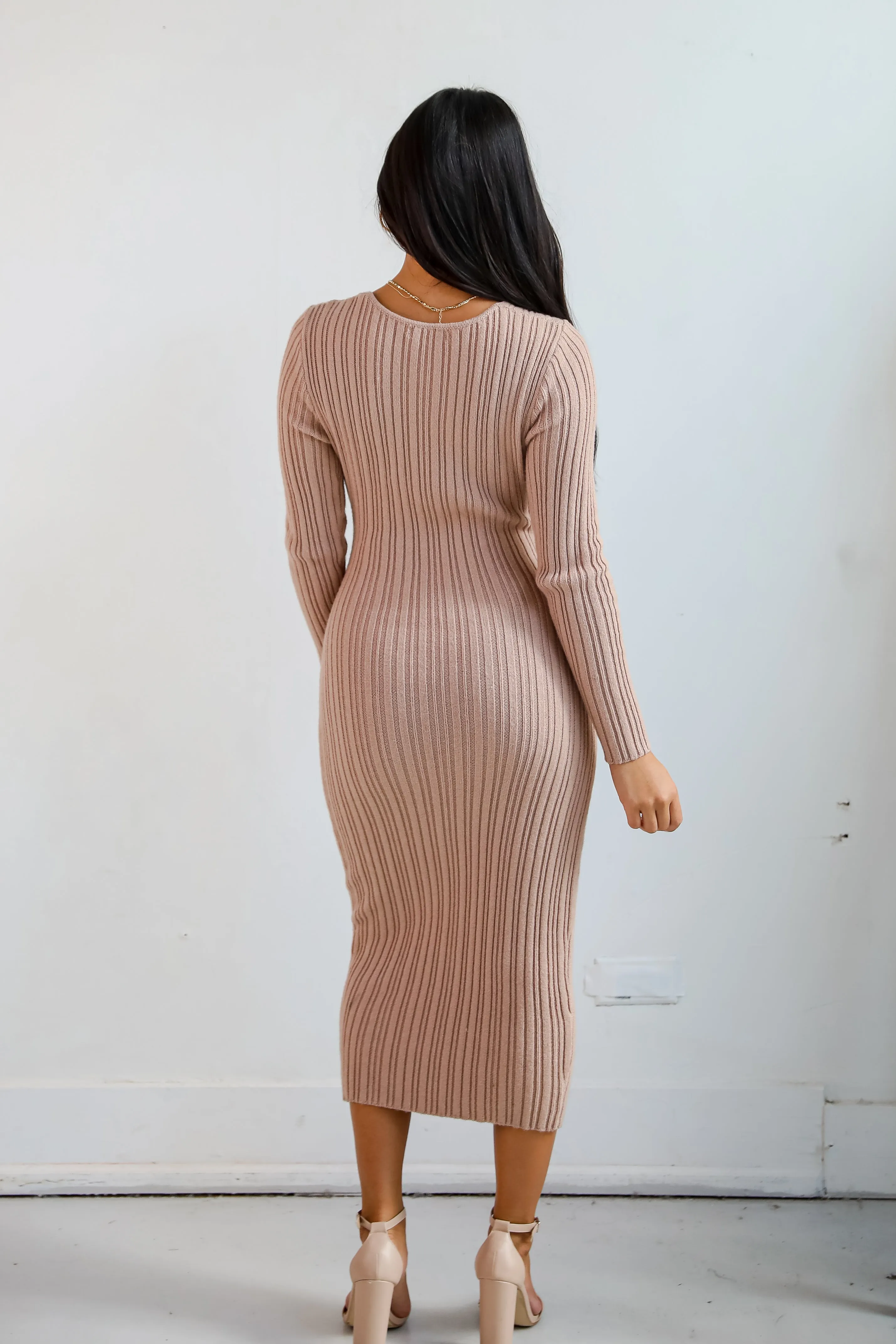 Intriguing Demeanor Taupe Criss-Cross Sweater Midi Dress