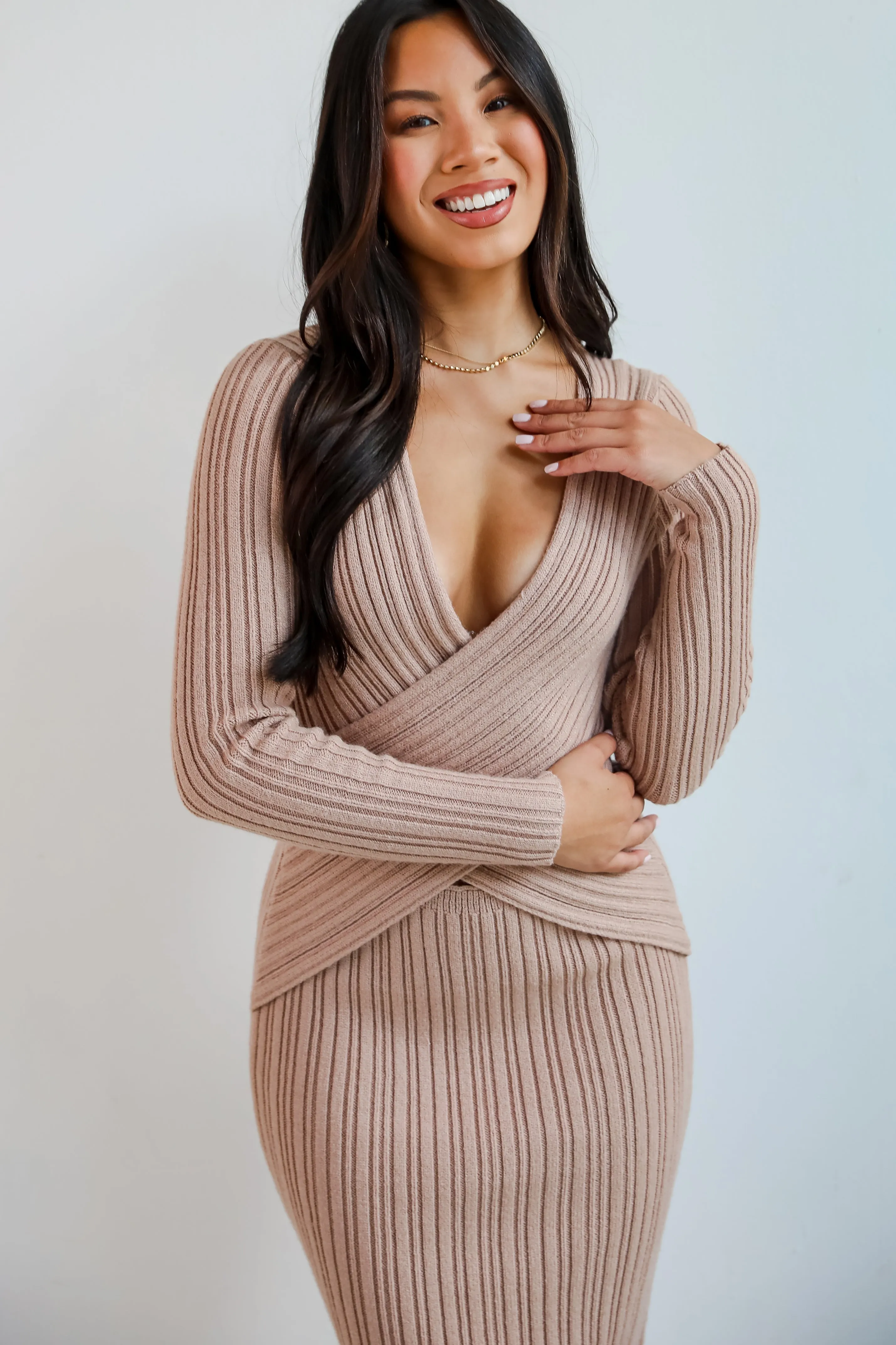 Intriguing Demeanor Taupe Criss-Cross Sweater Midi Dress