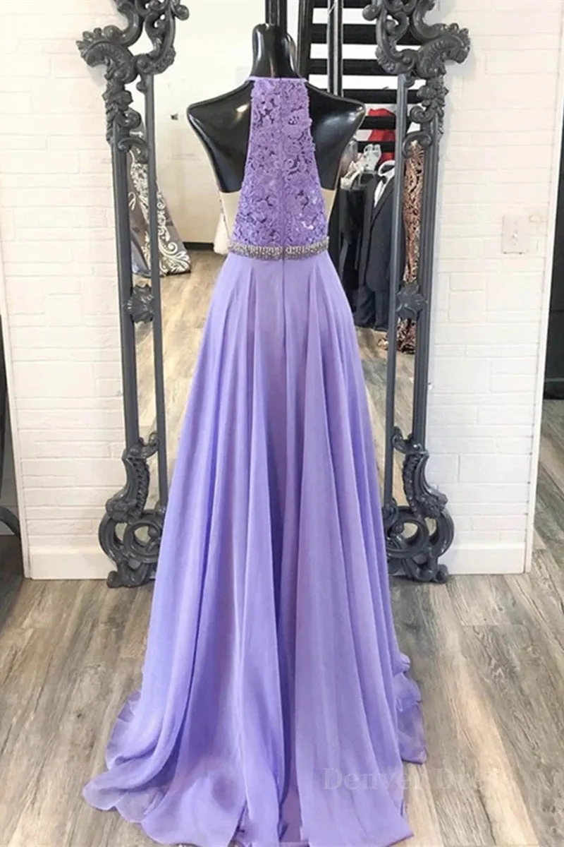 kamahe A Line Purple Lace Long Prom Dress with Belt, Purple Lace Formal Dress, Purple Evening Dress, Bridesmaid Dress