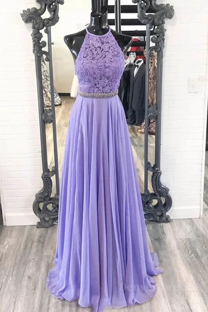 kamahe A Line Purple Lace Long Prom Dress with Belt, Purple Lace Formal Dress, Purple Evening Dress, Bridesmaid Dress