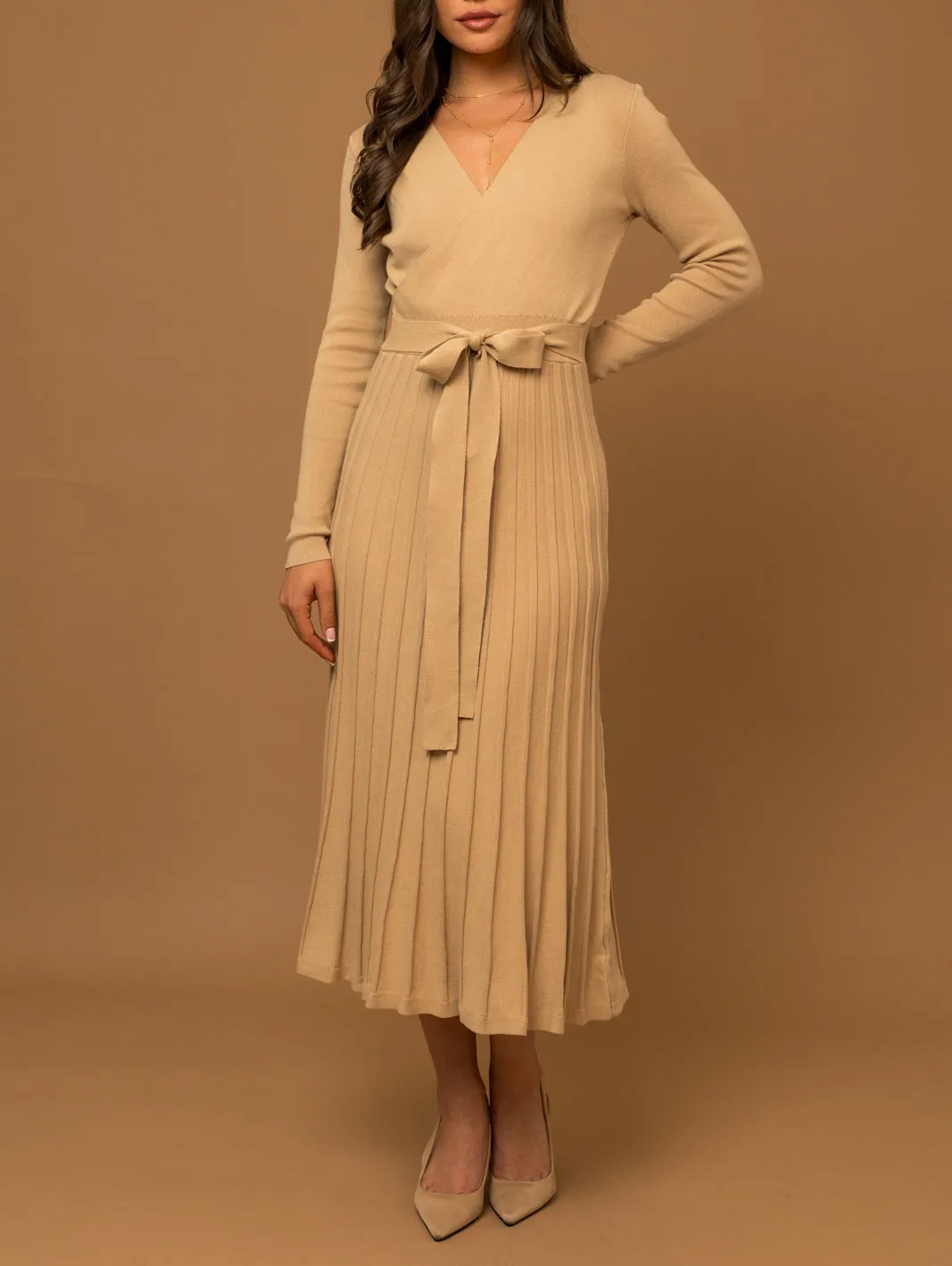 Kellie Tie Waist Long Sleeve Pleated Sweater Dress