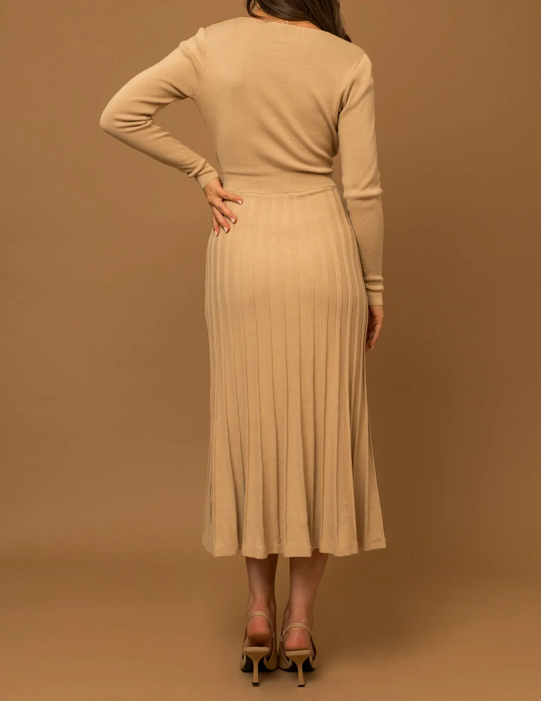 Kellie Tie Waist Long Sleeve Pleated Sweater Dress