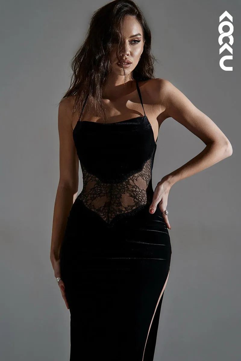 L1854 - Sexy Spaghetti Straps Lace Sheer Velvet Sheath Long Evening Dress