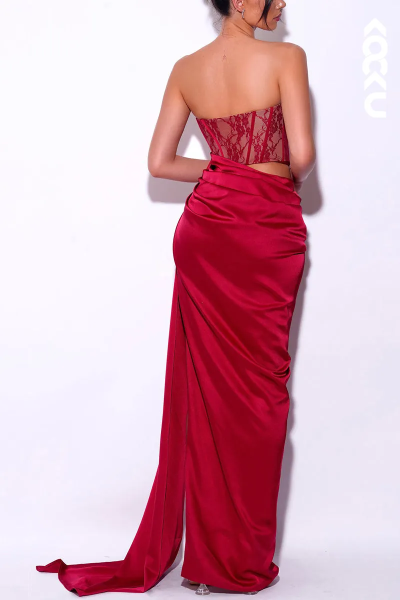 L1914 - Strapless Sleeveless Lace Ruched Satin Sheath Long Evening Party Dress