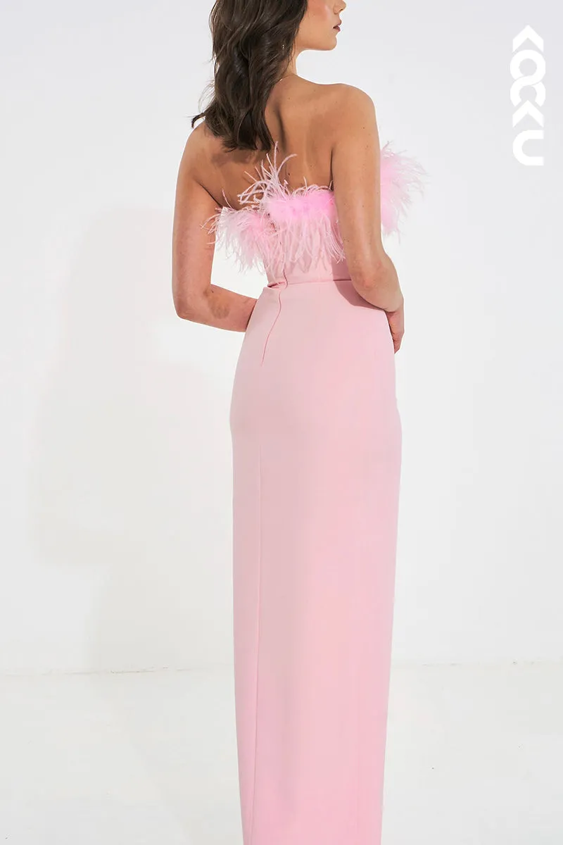 L1928 - Strapless Sleeveless Feather Ruched Satin Sheath Long Evening Dress