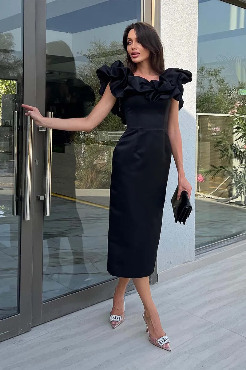 L1943 - Off-Shoulder Strapless Sleeveless Ruffles Satin Sheath Midi Evening Dress