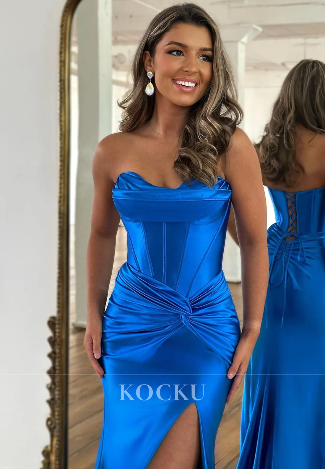 L2011 - Sweetheart Strapless Sleeveless Ruched Satin Sheath Long Evening Prom Dress