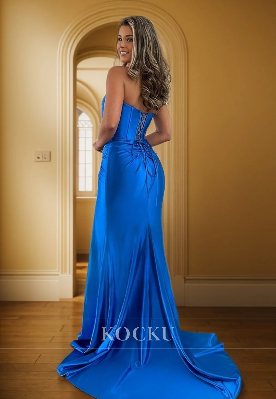 L2011 - Sweetheart Strapless Sleeveless Ruched Satin Sheath Long Evening Prom Dress