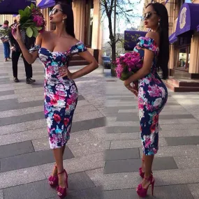 Ladies floral off the shoulder bodycon midi dress