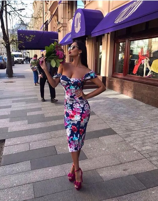 Ladies floral off the shoulder bodycon midi dress