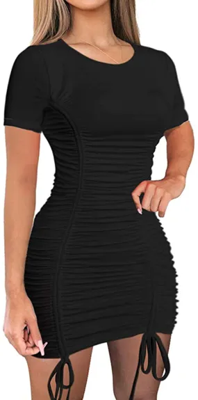 LAGSHIAN Women Sexy Summer Club Ruched Short Sleeve Drawstring Mini Bodycon Dress