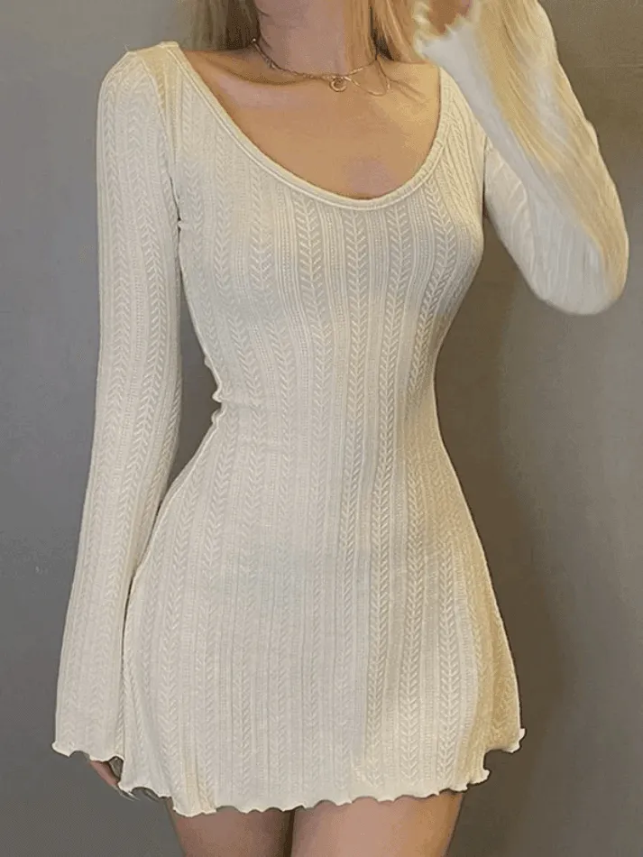 LANFUBEISI - Backless Knitted Long Sleeve Mini Dress