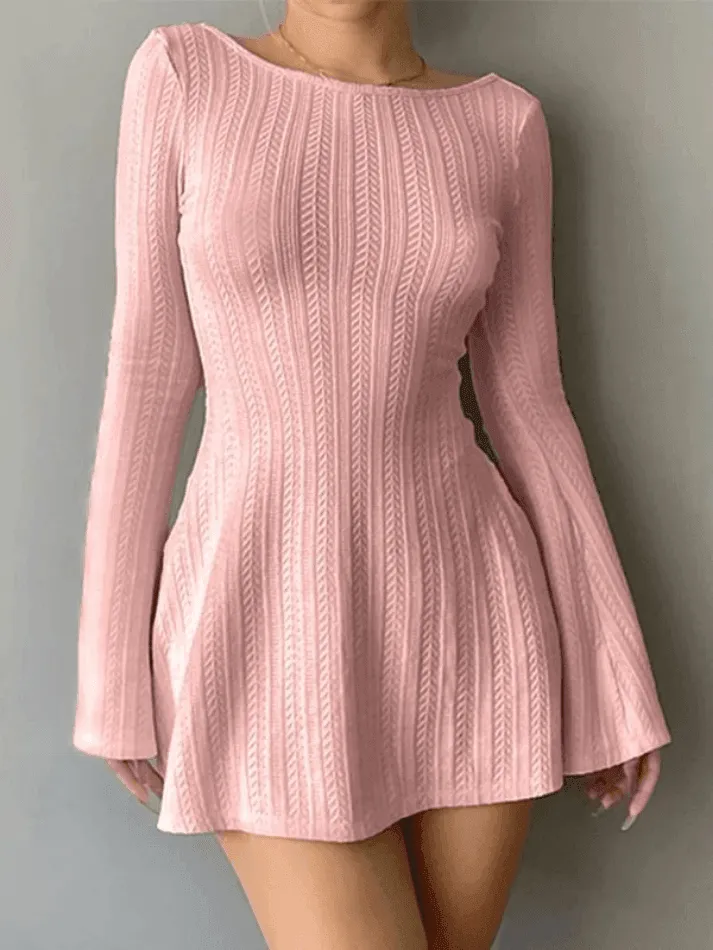 LANFUBEISI - Backless Knitted Long Sleeve Mini Dress