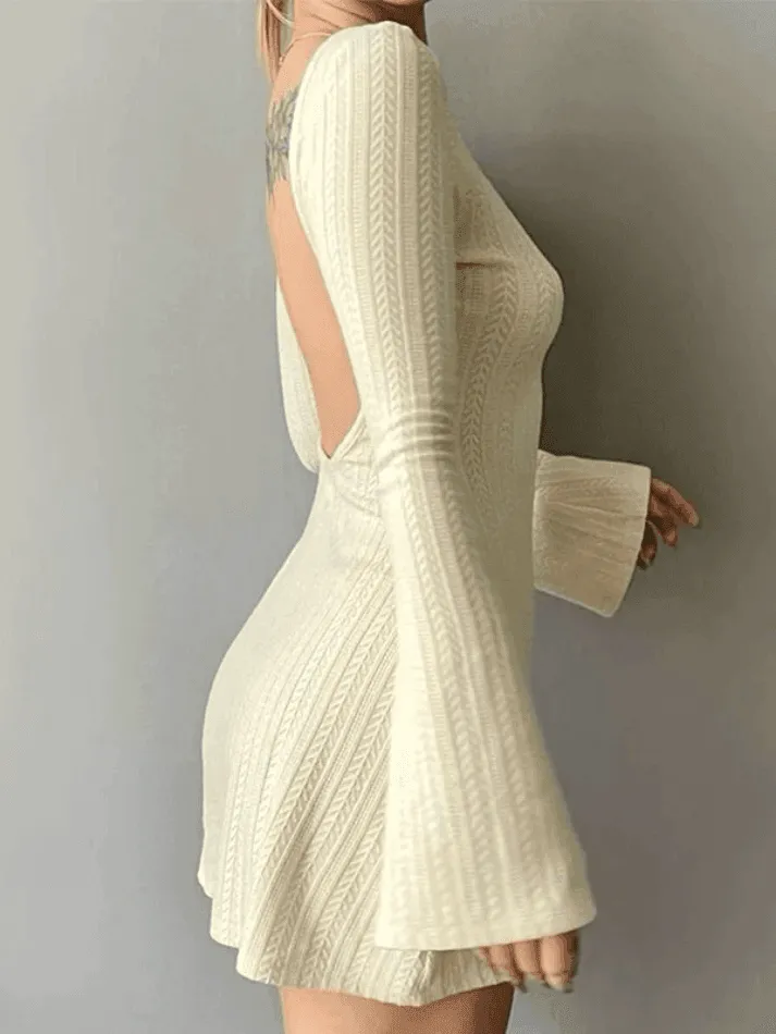 LANFUBEISI - Backless Knitted Long Sleeve Mini Dress