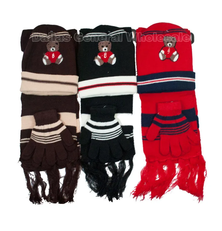 Little Boys 3 Pieces Bear Beanie Hat & Gloves & Scarf Set Wholesale