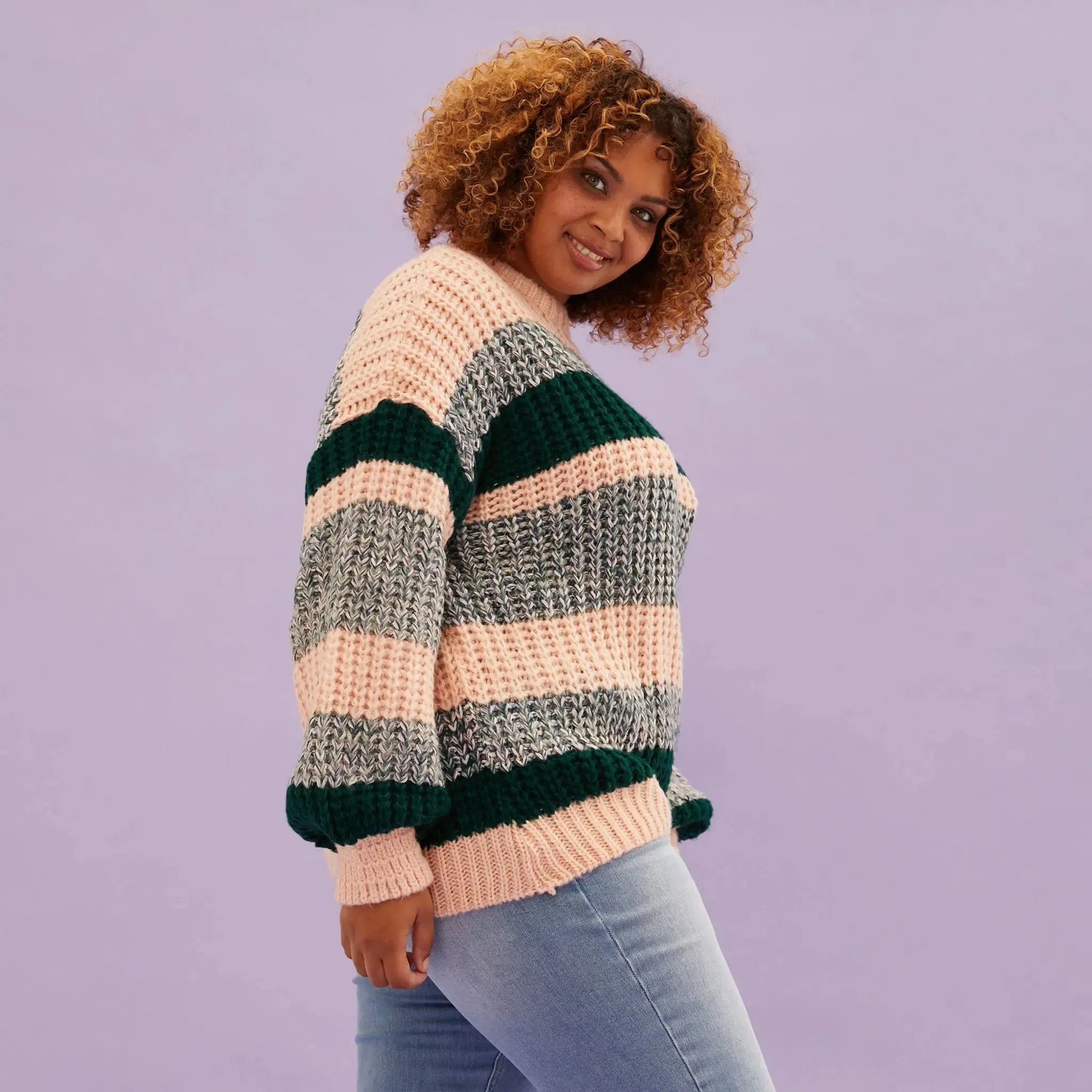 Louise Stripe Balloon Sleeve Jumper - Bottle Green