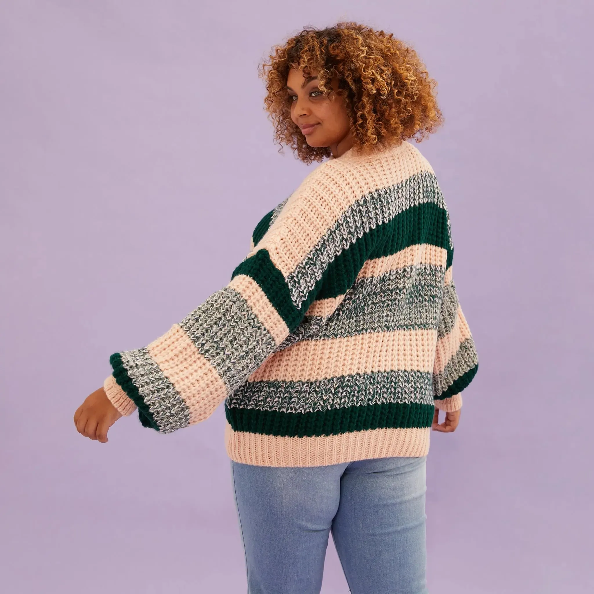 Louise Stripe Balloon Sleeve Jumper - Bottle Green