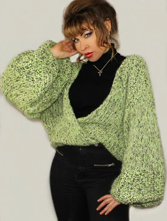 Mohair Oversized Alpaca Chunky Knit Cardigan, Green Bomber