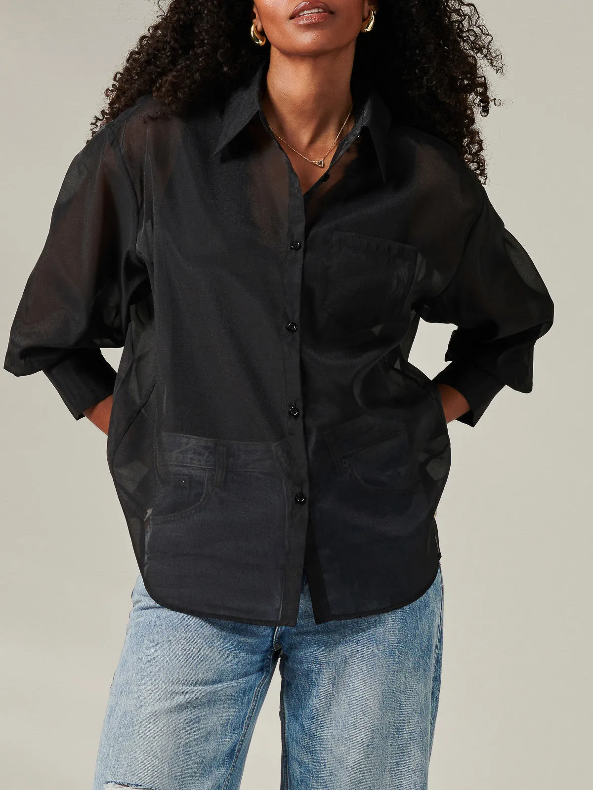 Organza Cut Out Back Shirt, Black