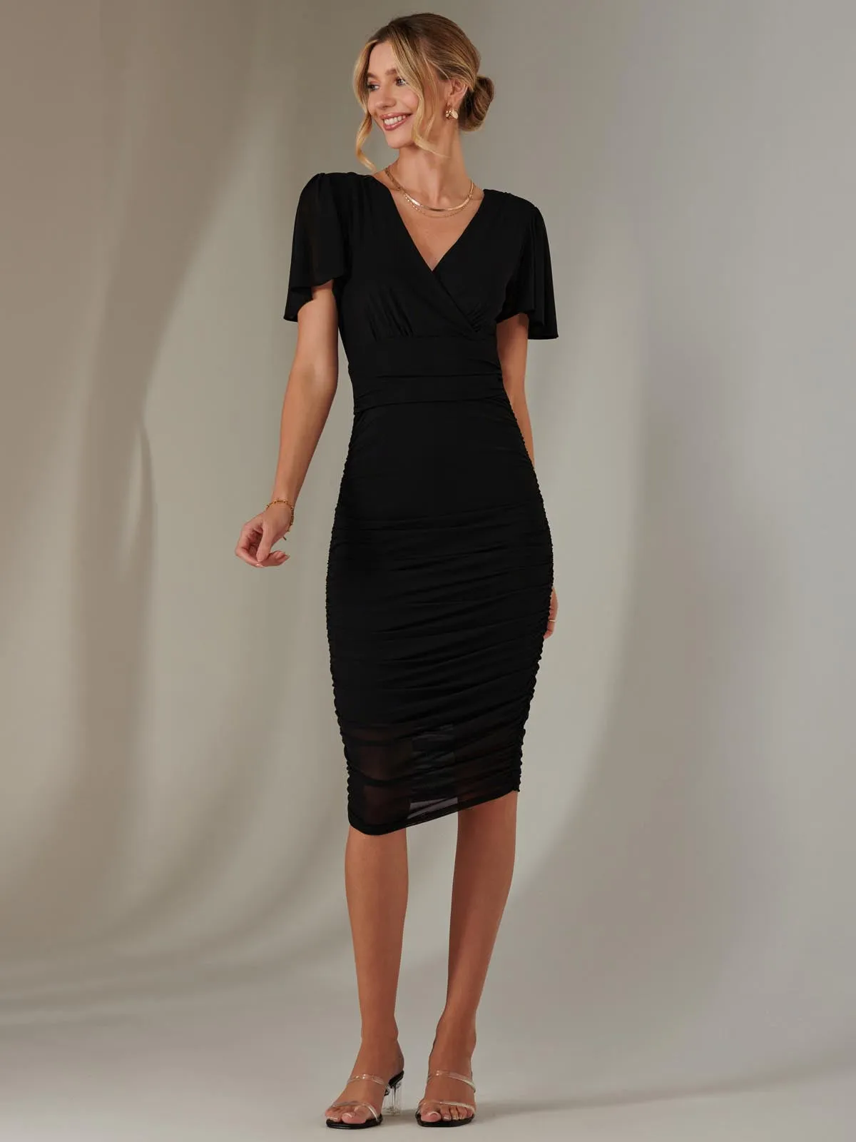 Plain Angel Sleeve Ruched Bodycon Dress, Black