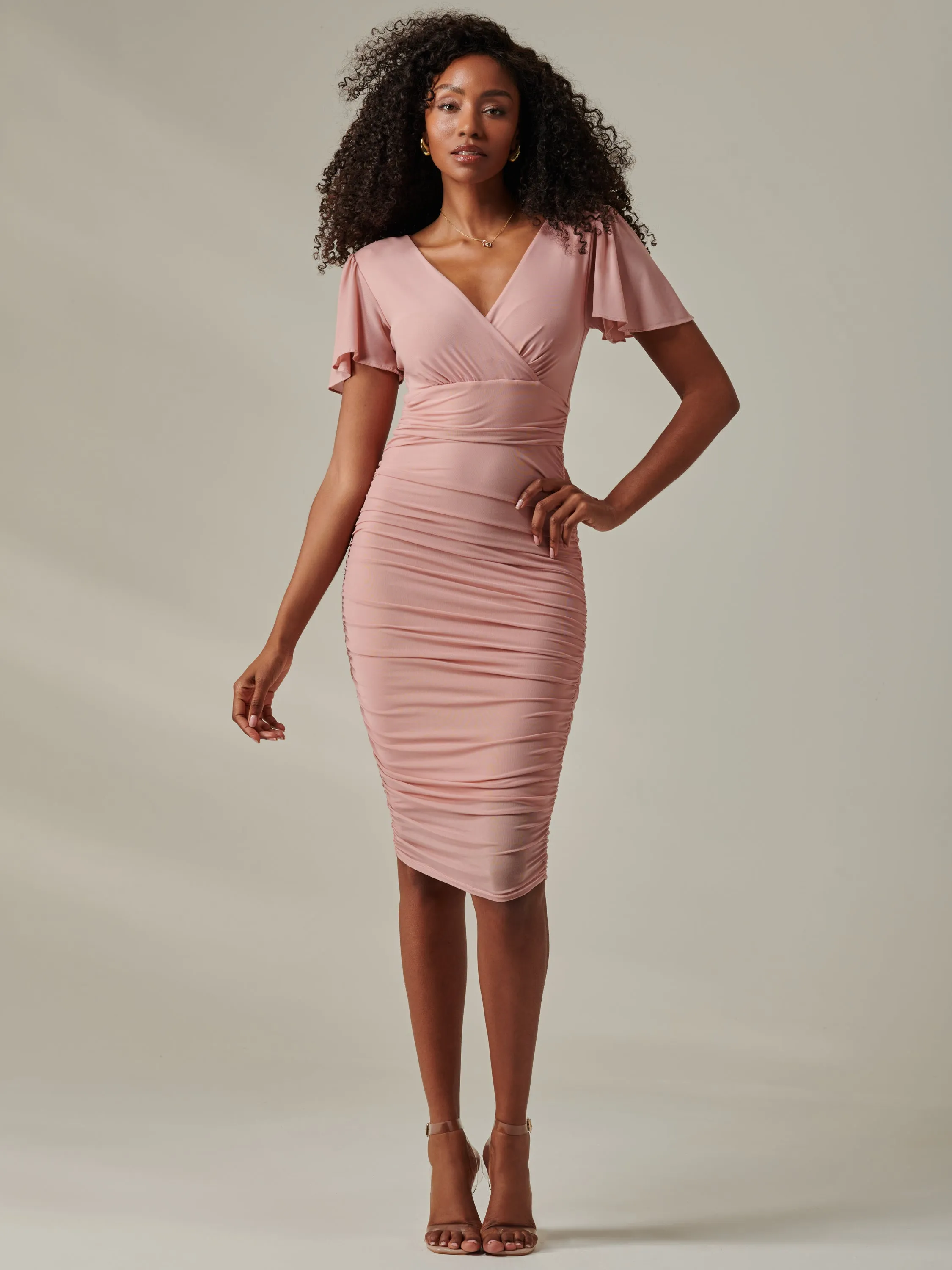 Plain Angel Sleeve Ruched Bodycon Dress, Blush