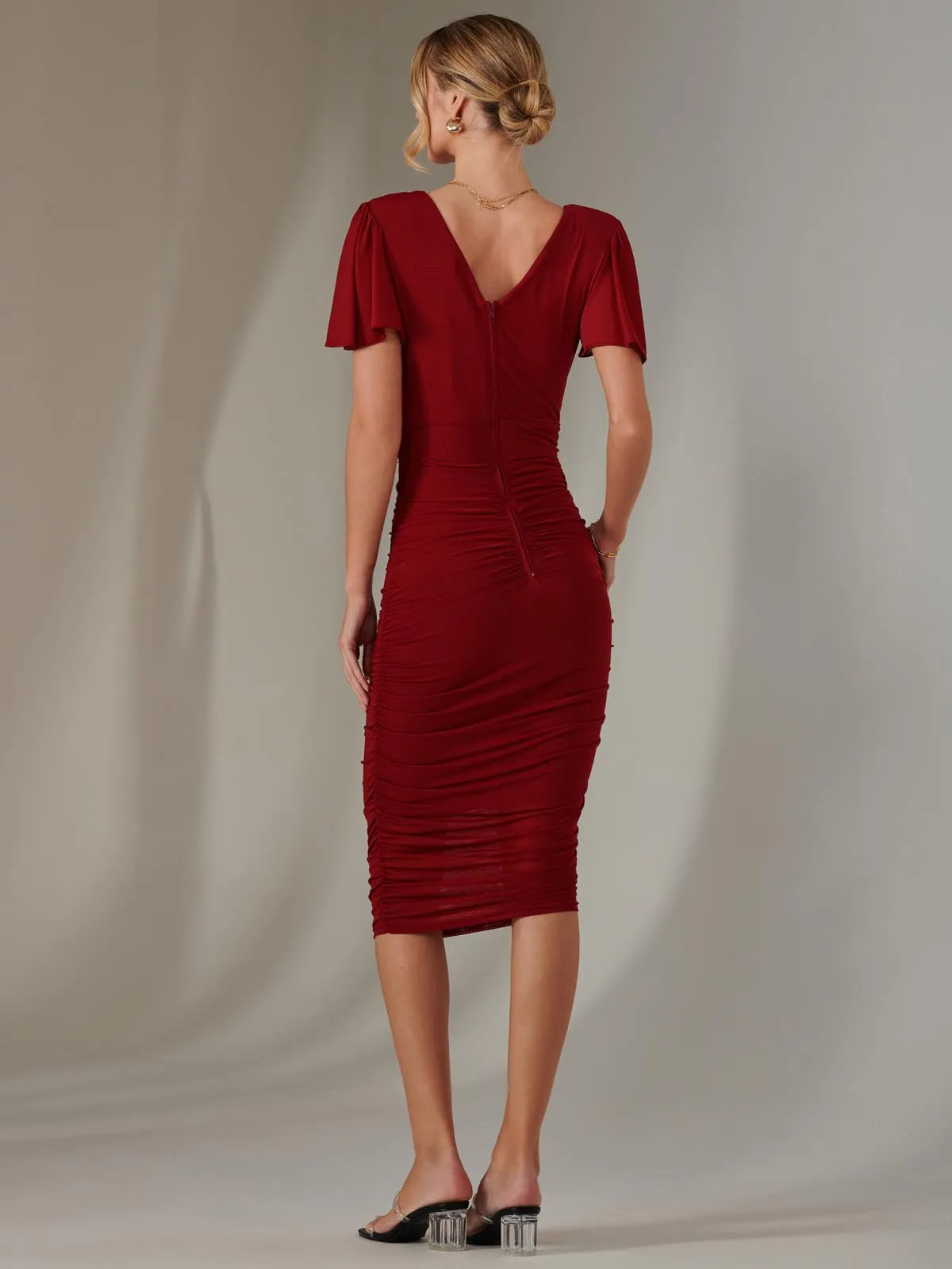 Plain Angel Sleeve Ruched Bodycon Dress, Dark Red