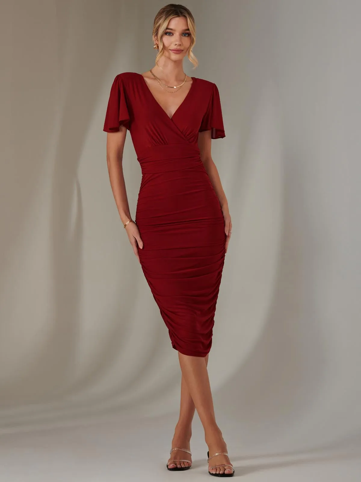 Plain Angel Sleeve Ruched Bodycon Dress, Dark Red