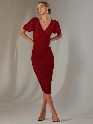 Plain Angel Sleeve Ruched Bodycon Dress, Dark Red