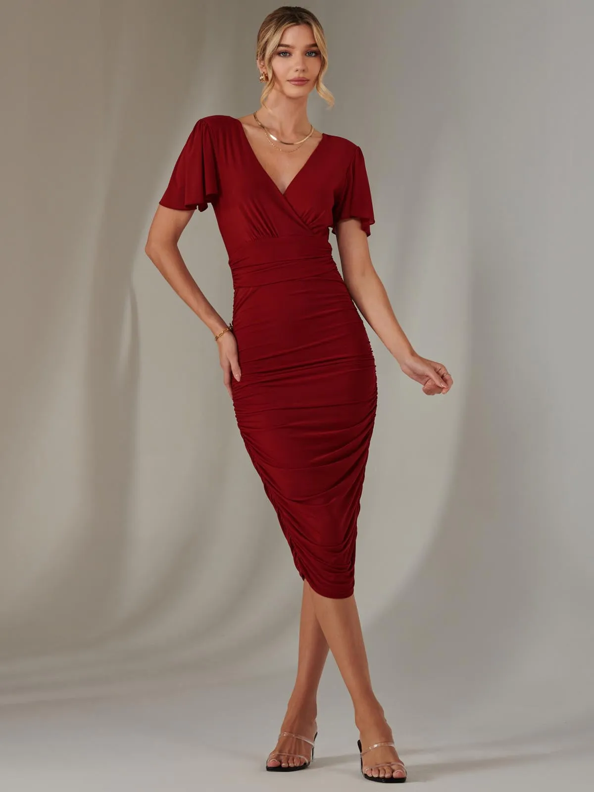 Plain Angel Sleeve Ruched Bodycon Dress, Dark Red