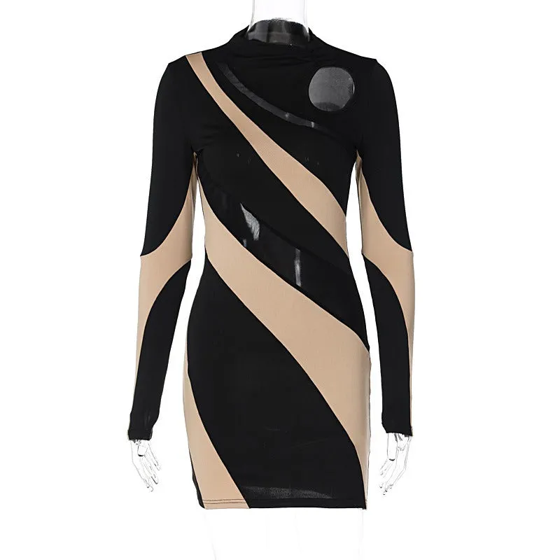 Pre Order:  Round Neck Long Sleeve Mesh Stitching Bodycon Dress