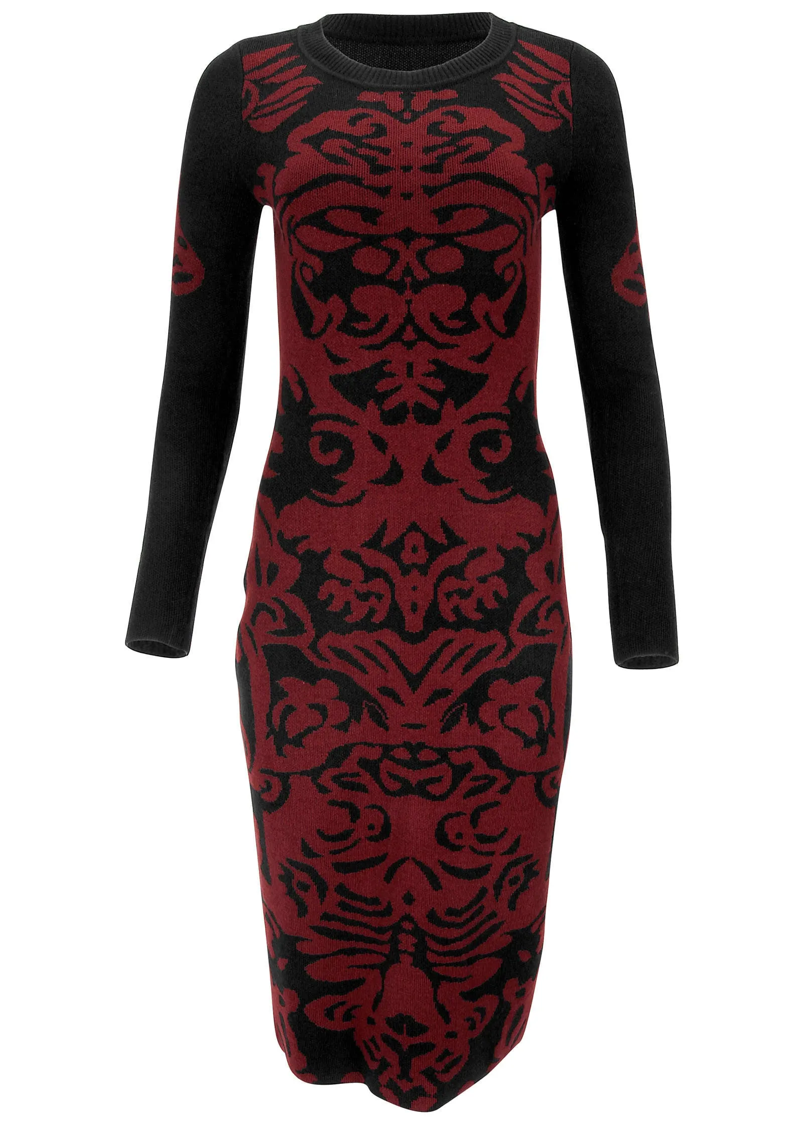 Printed Midi Sweater Dress - Black & Wine