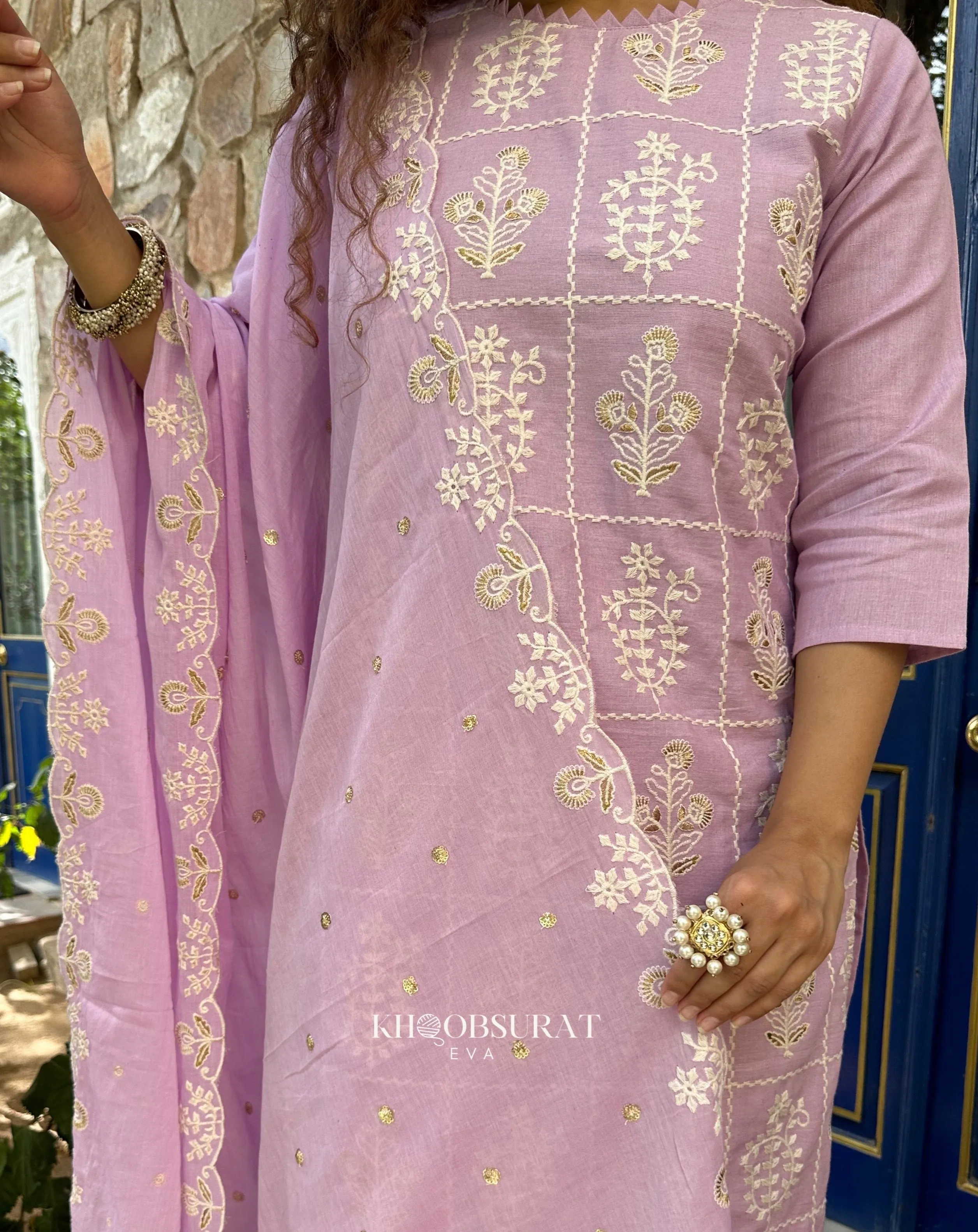 PURPLE FLOWER EMBROIDERY KURTA SUIT SET