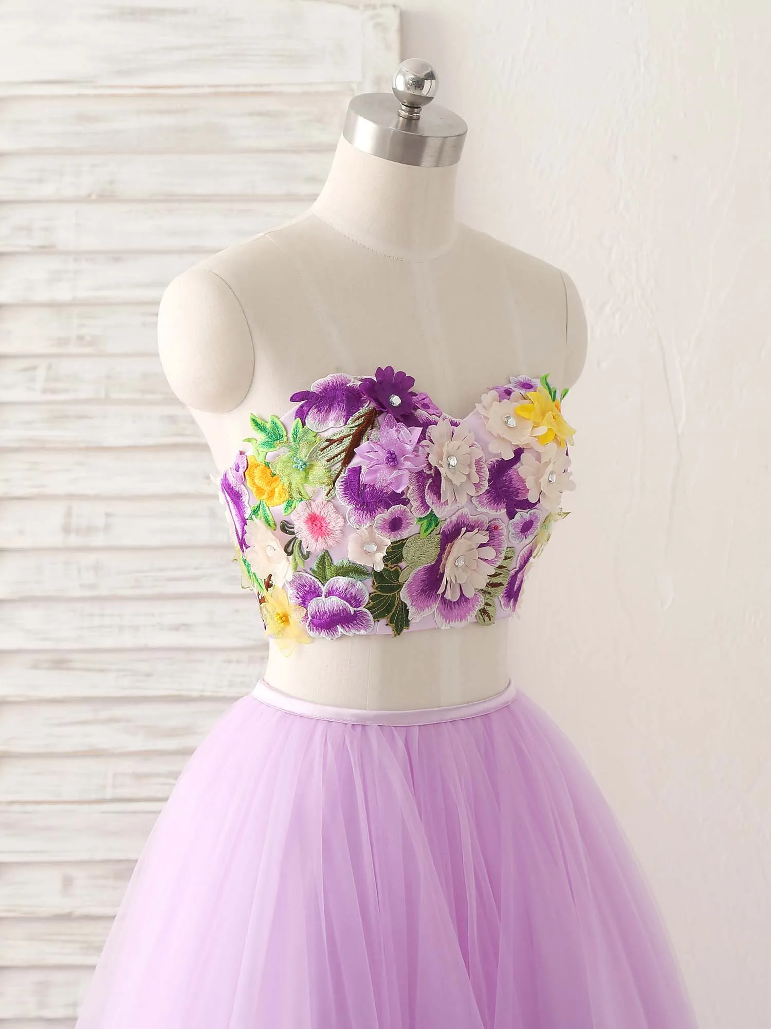 Purple Two Pieces Applique Tulle Long Prom Dress Purple Evening Dress