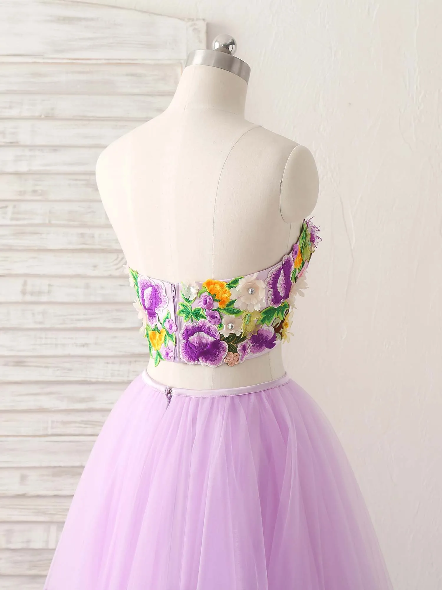 Purple Two Pieces Applique Tulle Long Prom Dress Purple Evening Dress