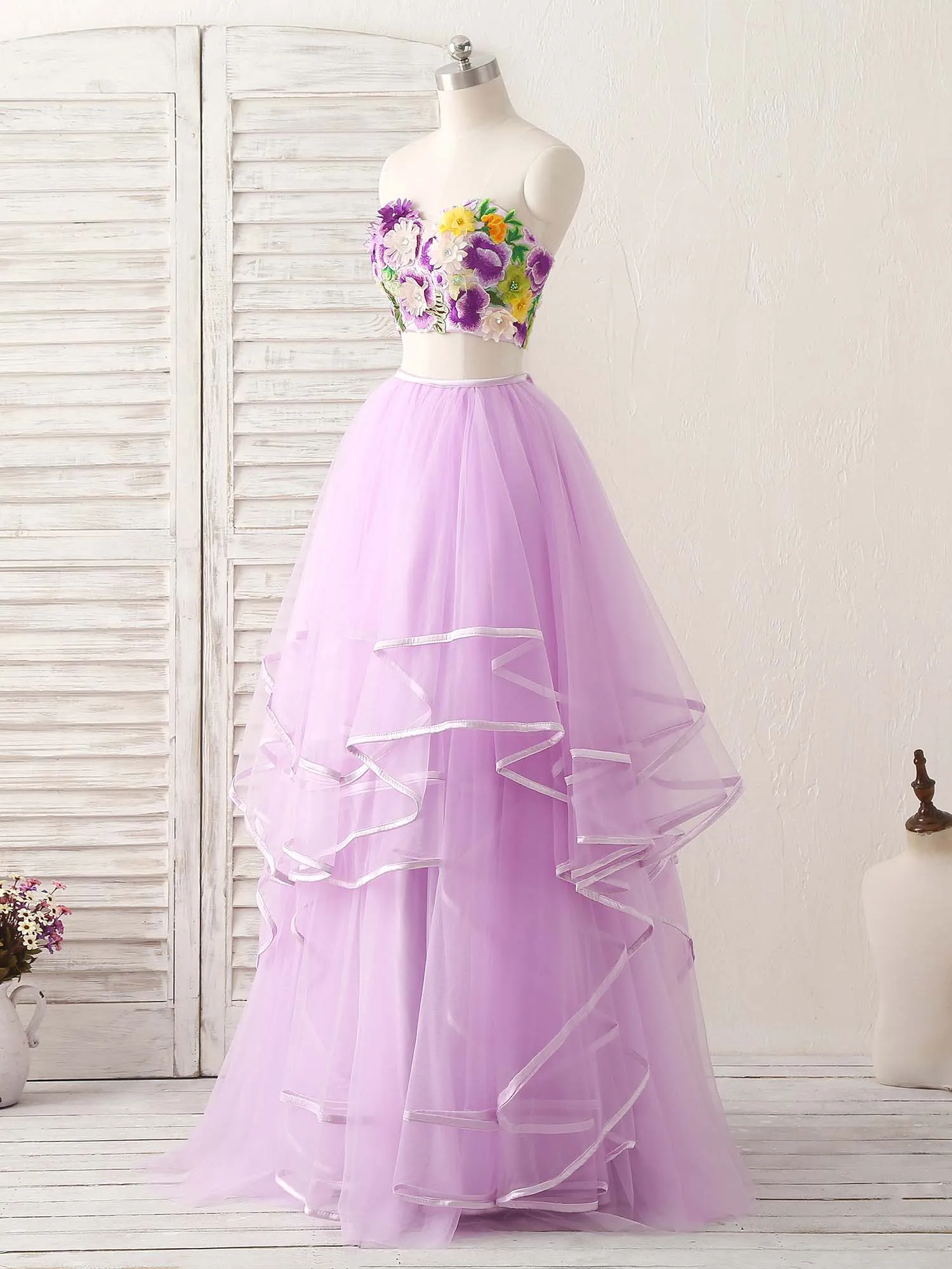 Purple Two Pieces Applique Tulle Long Prom Dress Purple Evening Dress