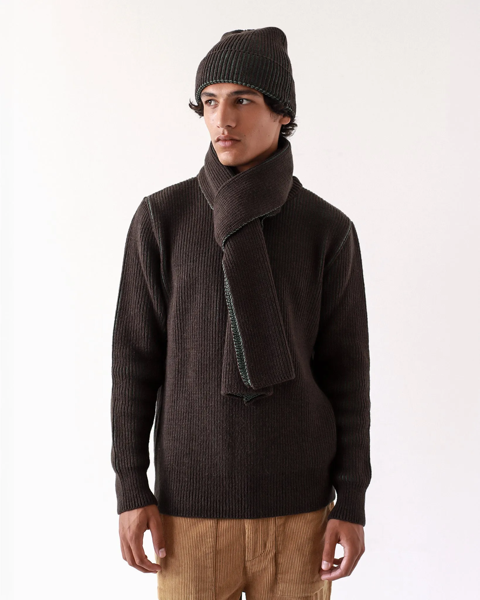 Ribbed Knit Scarf - Slate Brown / Forest Green