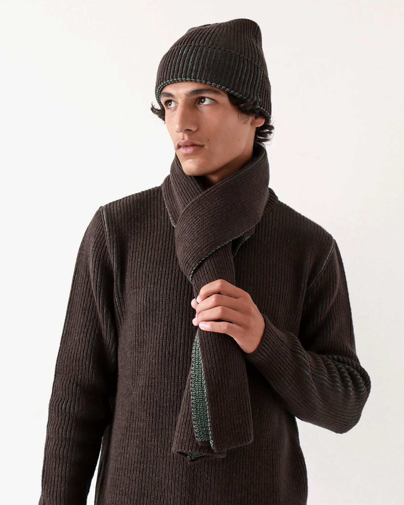 Ribbed Knit Scarf - Slate Brown / Forest Green