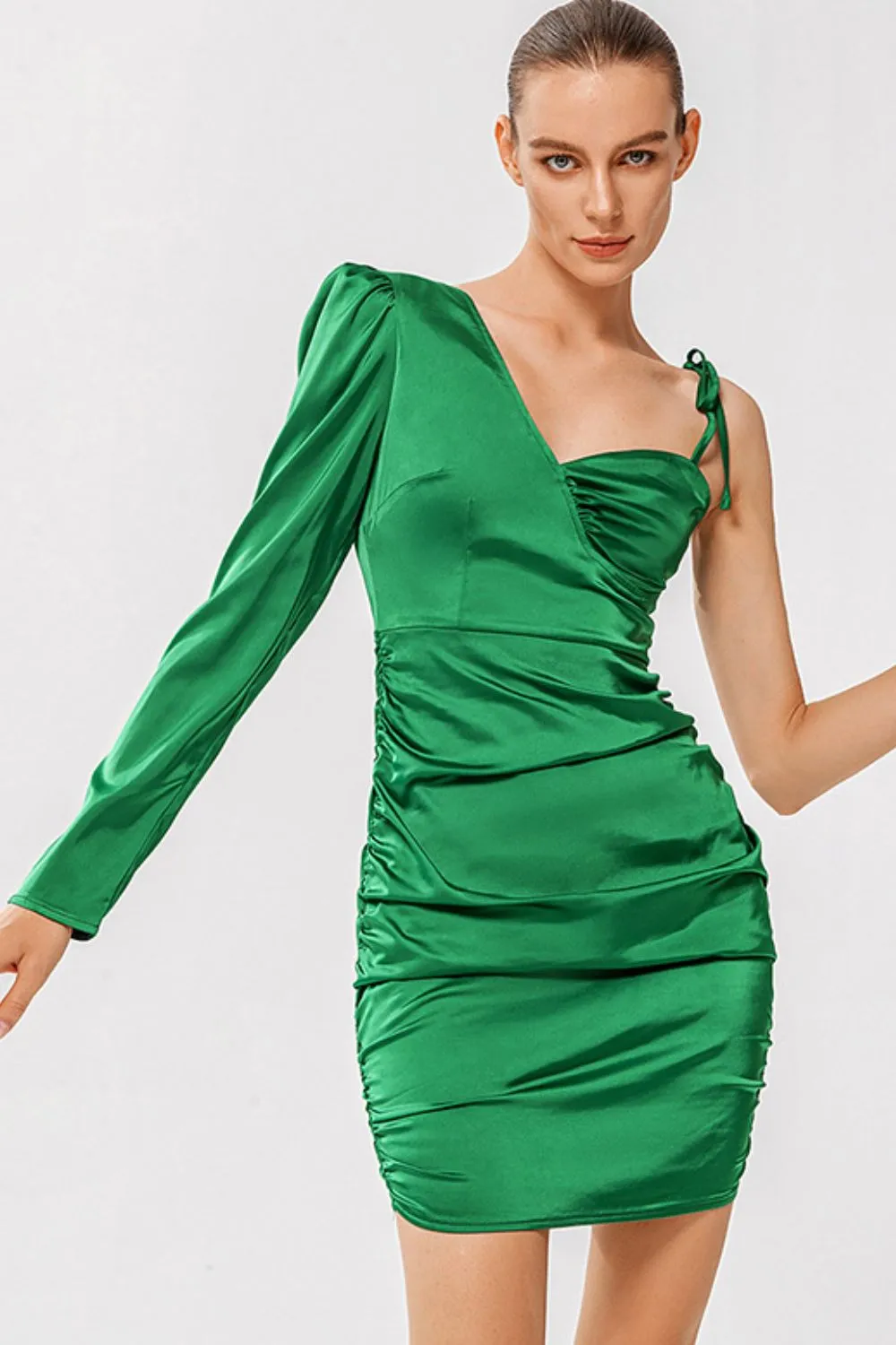 Satin Asymmetrical Neck Ruched Bodycon Dress