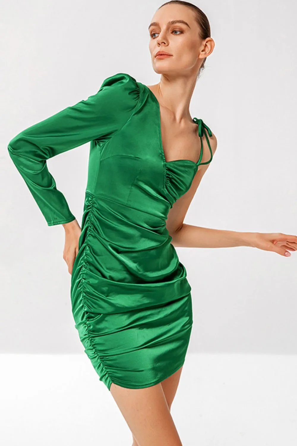 Satin Asymmetrical Neck Ruched Bodycon Dress