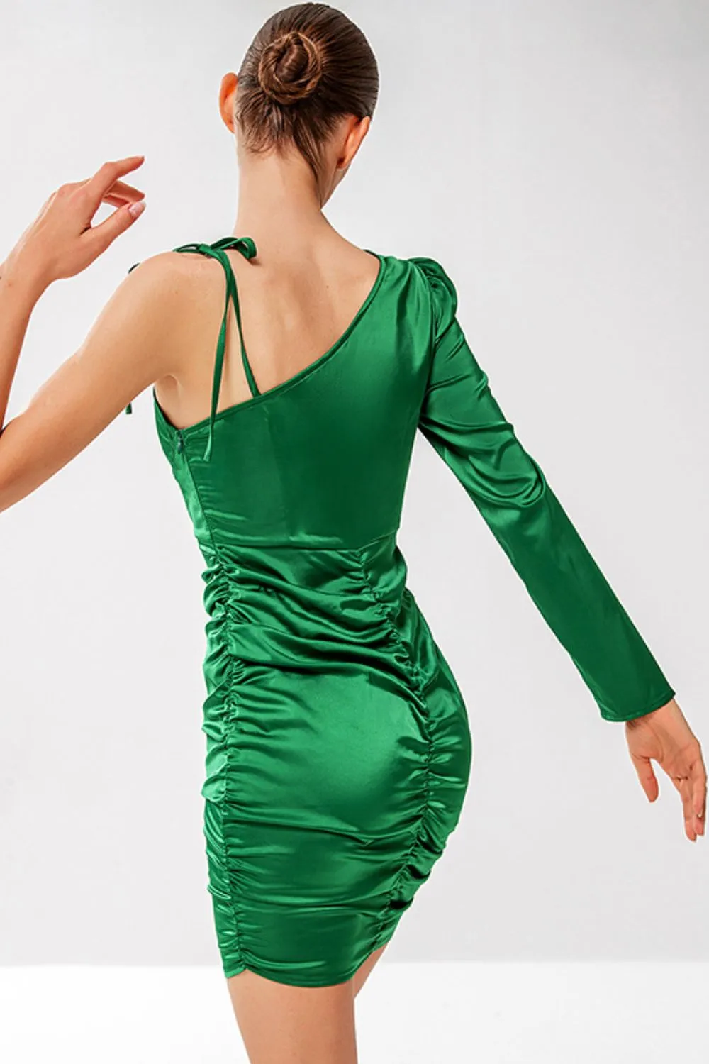 Satin Asymmetrical Neck Ruched Bodycon Dress