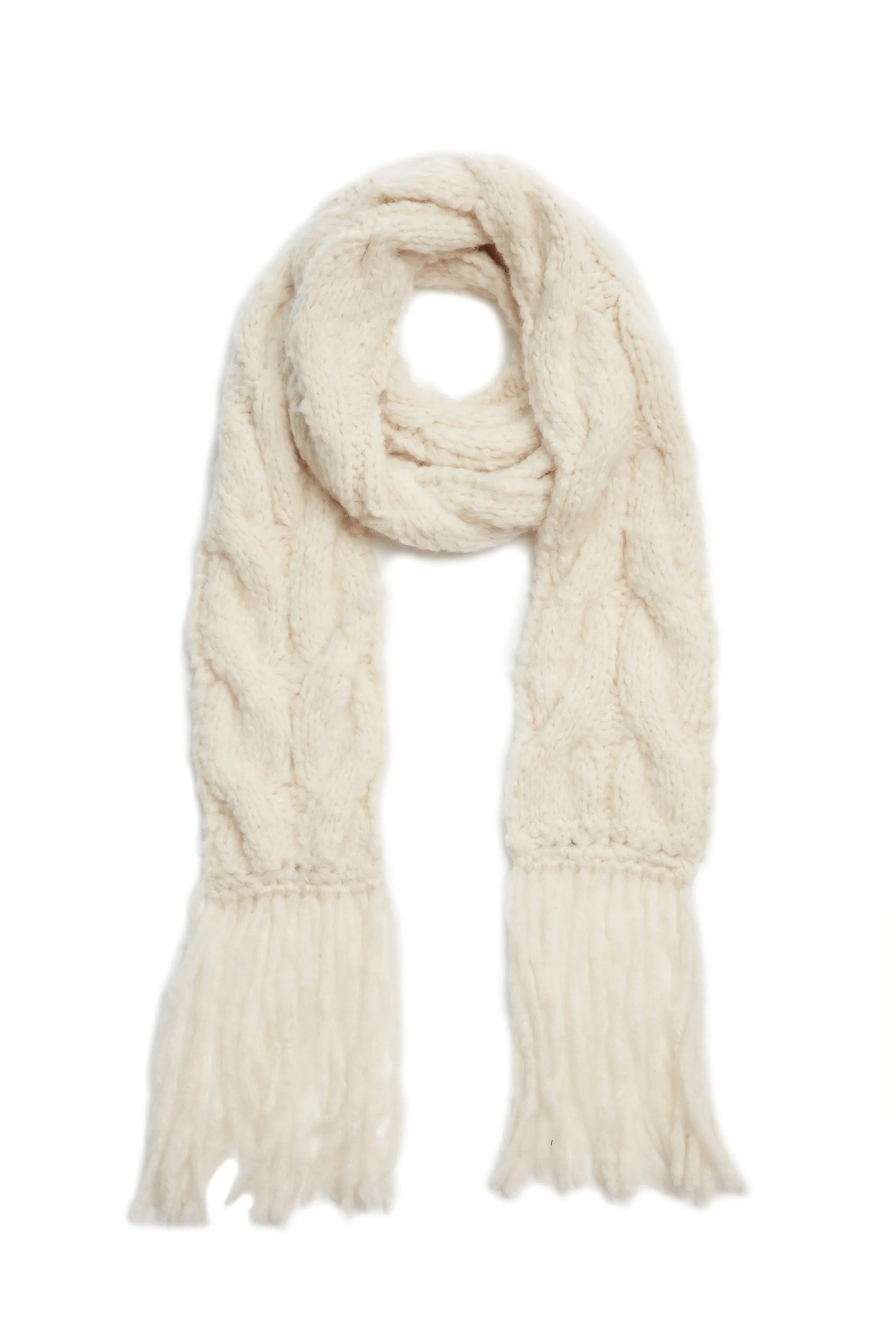 Serena Knit Fringe Scarf in Ivory Welfat Cashmere