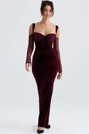 Sexy Bow Tie Sweetheart Cutout Shoulder Velvet Evening Maxi Dress - Burgundy