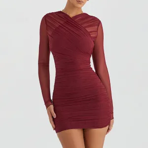 Sexy Sheer Layered Neck Mesh Long Sleeve Ruched Mini Party Dress - Wine