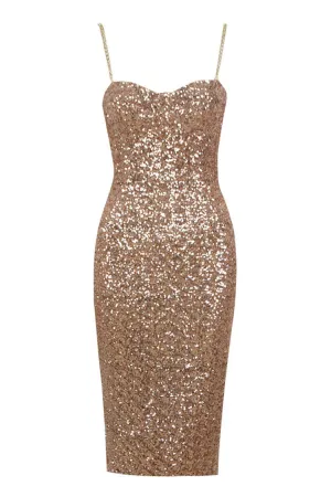 Sparkly Sequin Bustier Metallic Chain Strap Bodycon Cocktail Party Midi Dress