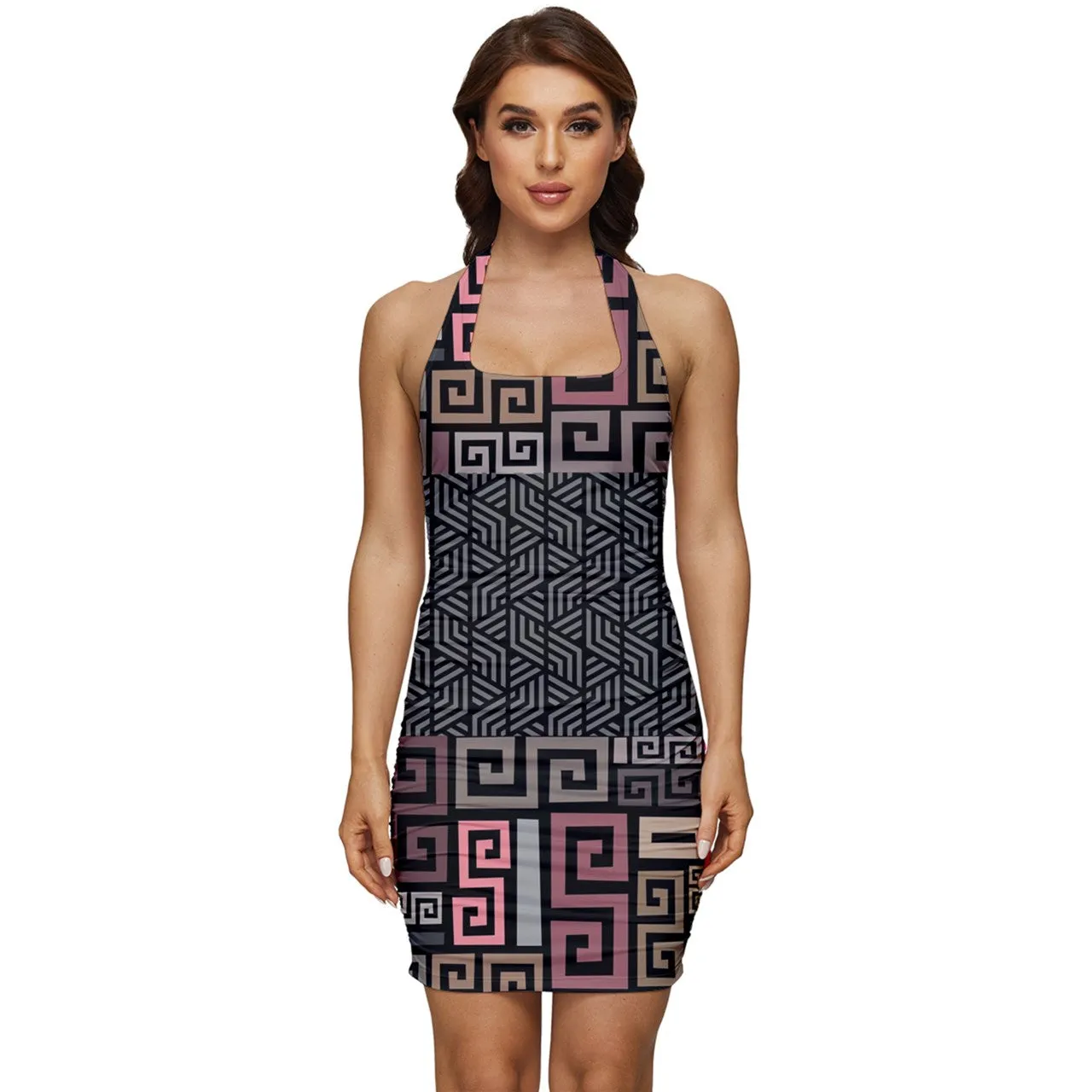 Squared Sleeveless Wide Square Neckline Ruched Bodycon Dress