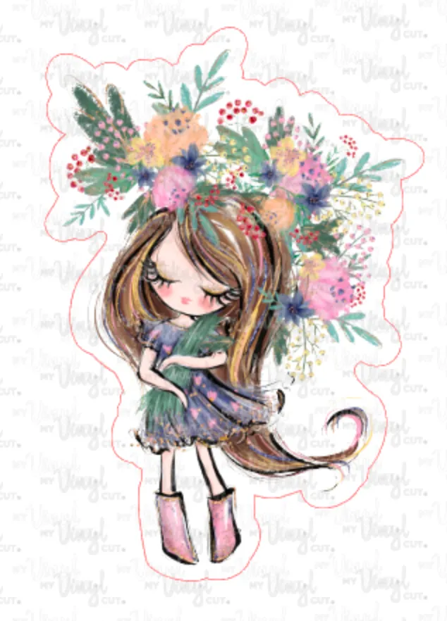 Sticker 3A Garden Girl with Straight Brown Hair