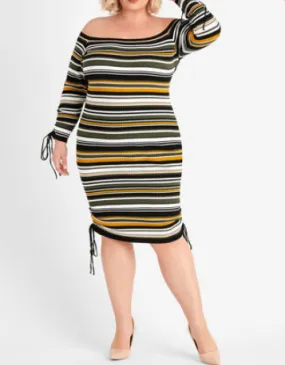 STRIPED RUCHED SWEATER DRESS