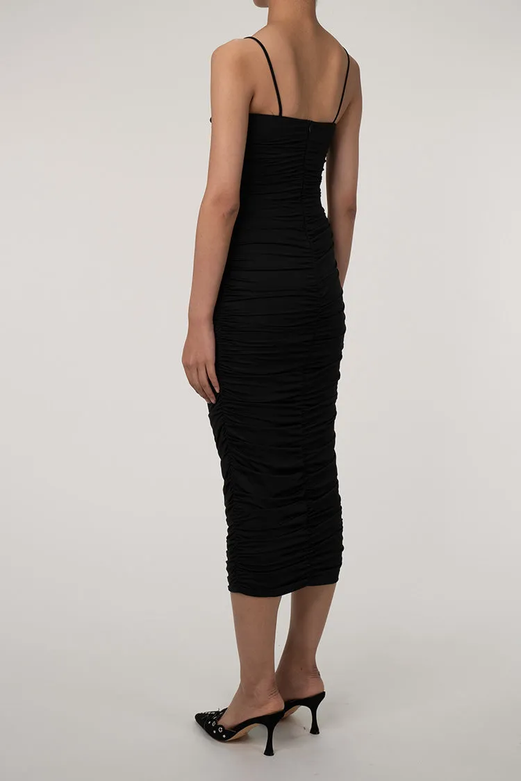 Sweetheart Neck Ruched Midi Cocktail Party Dress - Black