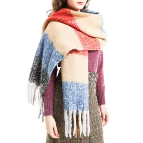 Unisex Oversized Color Block Tassels Roving Scarf